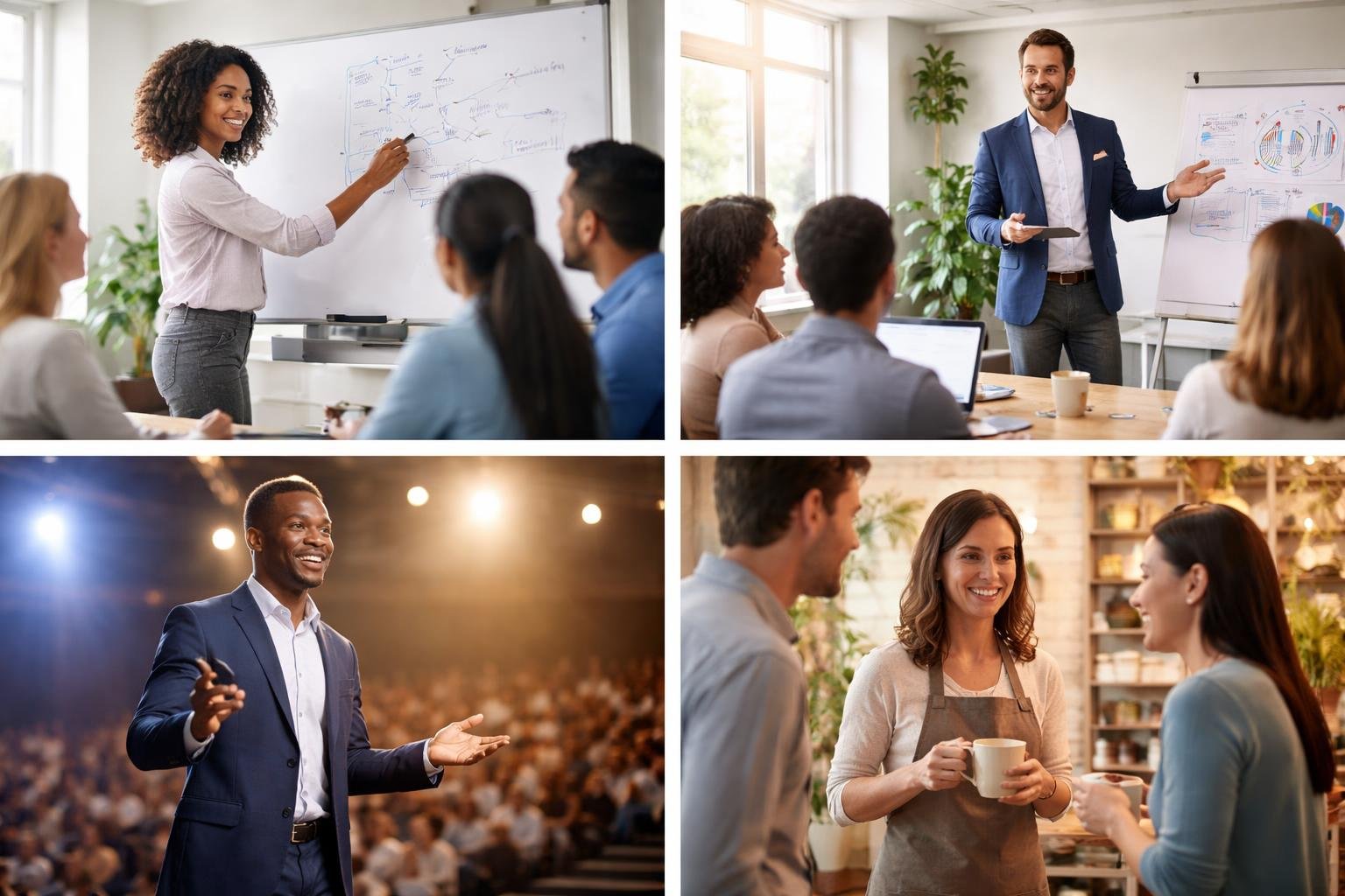 Un groupe de personnes dans différents rôles professionnels, comprenant un enseignant, un formateur, un conférencier et un petit commerçant, en interaction dans des environnements de travail variés.