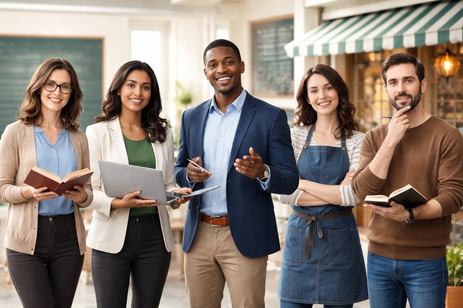 Un groupe diversifié de cinq personnes représentant un enseignant, un formateur, un conférencier, un petit commerçant et une personne réfléchissant à la valeur des mots, dans un espace de travail lumineux et moderne.
