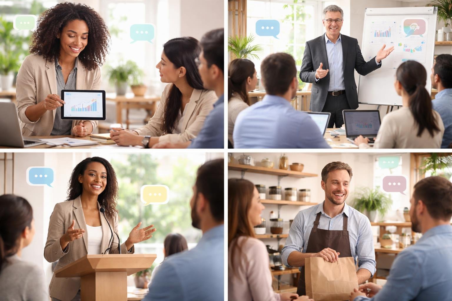 Un groupe de personnes en train de communiquer et d'enseigner dans un environnement intérieur moderne, comprenant un enseignant, un formateur, un conférencier et un petit commerçant en interaction avec des clients.