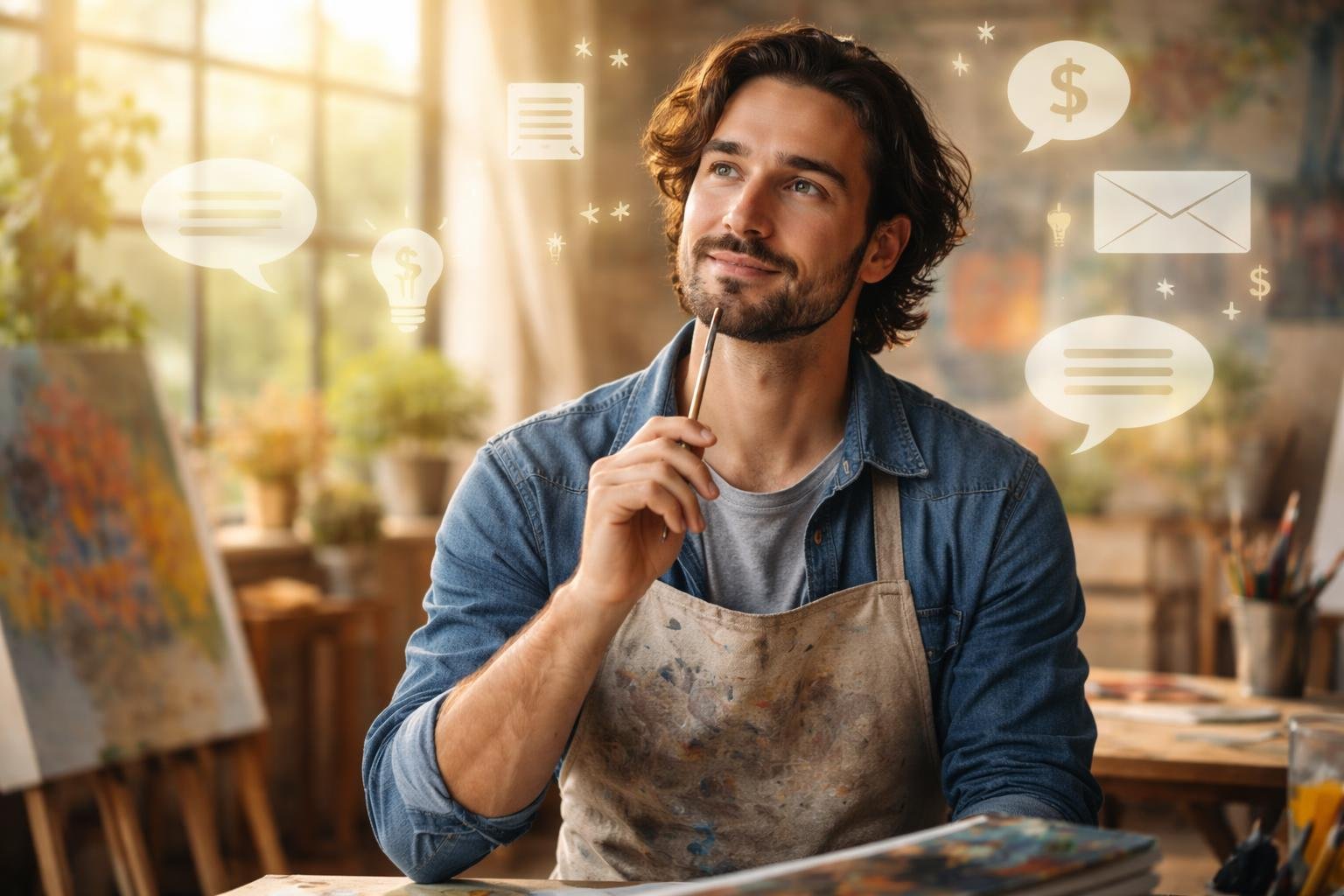 Un artiste dans son atelier, pensif et inspiré, entouré de matériaux artistiques et de symboles abstraits représentant la communication et l'échange.