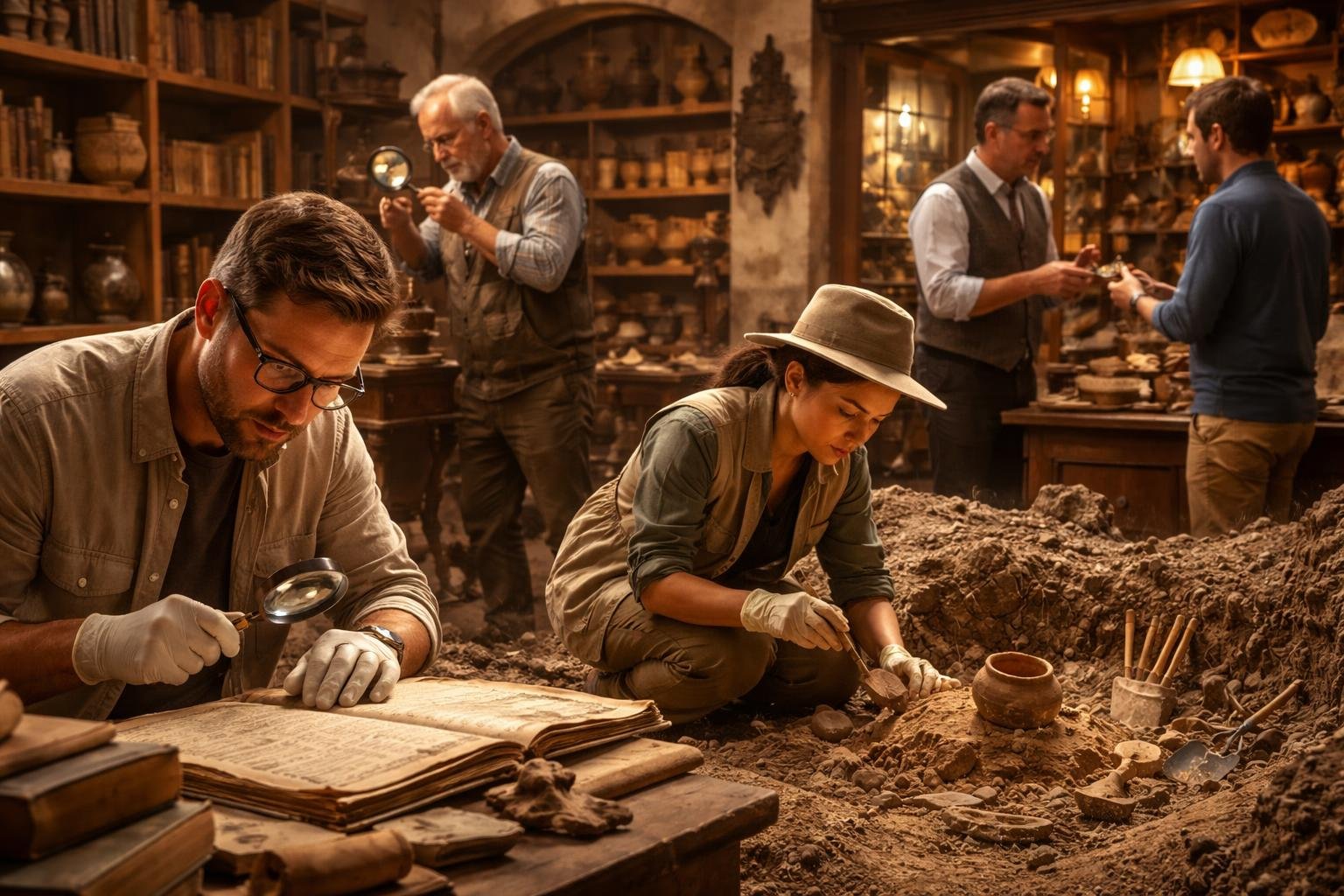 Un groupe de professionnels travaillant avec des objets anciens et des artefacts dans un atelier et un site archéologique.