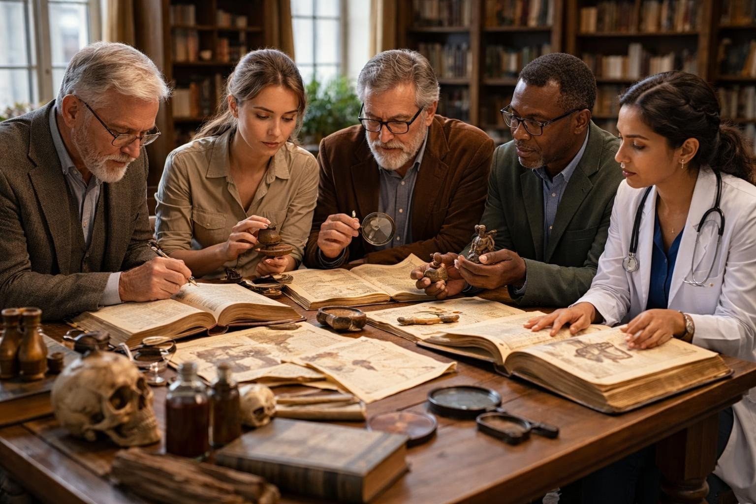 Un groupe de professionnels divers discutant autour d'une table dans une pièce remplie d'objets historiques, de livres anciens et d'instruments médicaux.