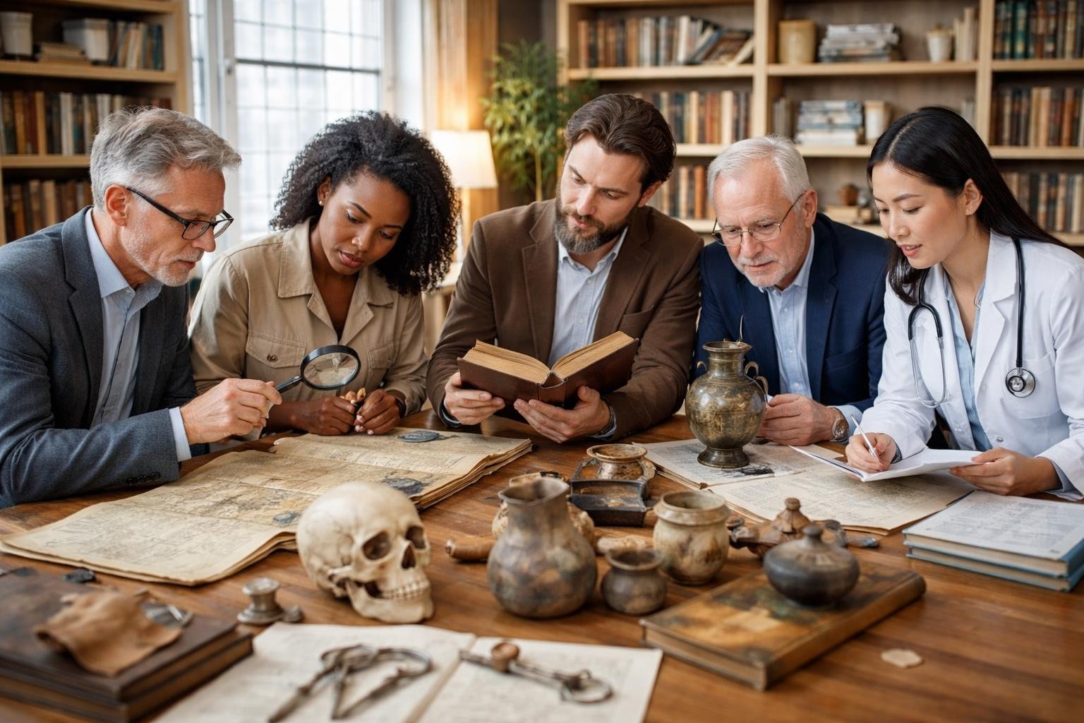 Un groupe de cinq professionnels de différentes disciplines discutant autour d'une table avec des objets anciens et des documents médicaux dans un bureau lumineux.