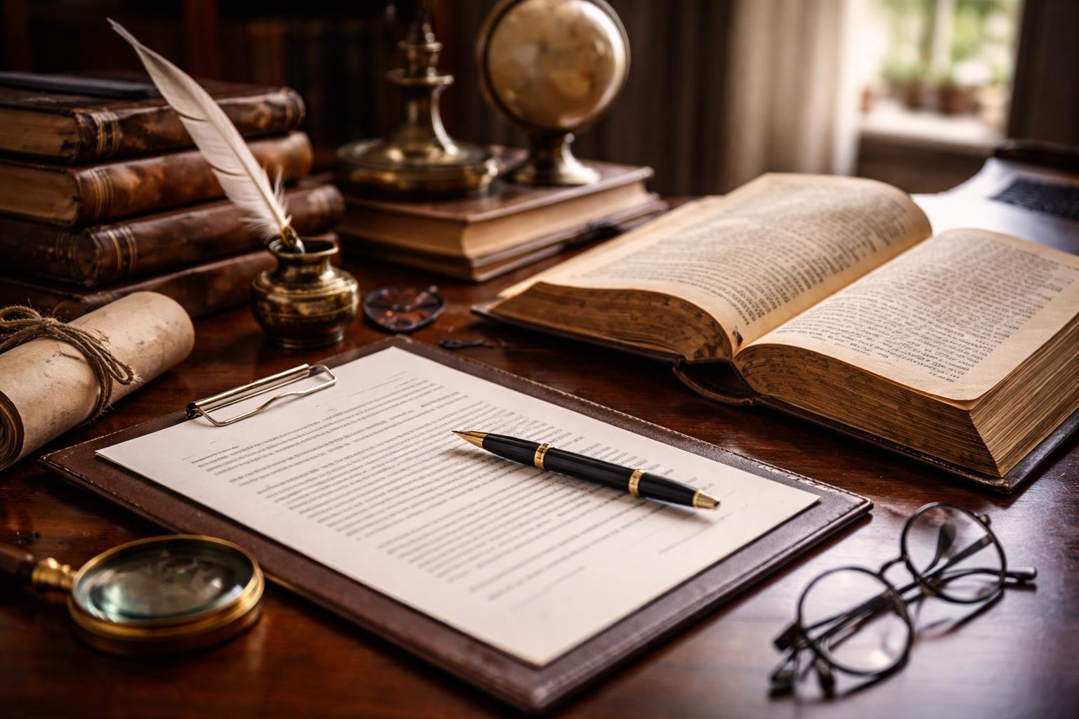 Un bureau en bois avec un livre ancien ouvert, un document légal, une loupe, une plume, des lunettes de lecture et des manuscrits historiques, éclairé par la lumière naturelle d'une fenêtre.