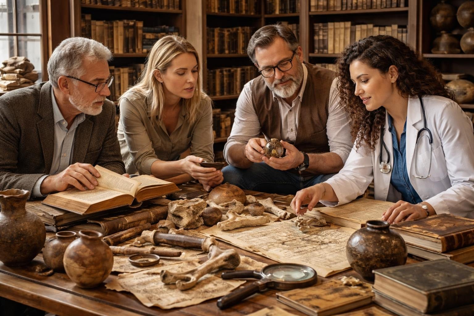 Cinq personnes discutant autour d'une table avec des artefacts anciens, des livres et des outils, dans une pièce remplie d'étagères et d'objets historiques.