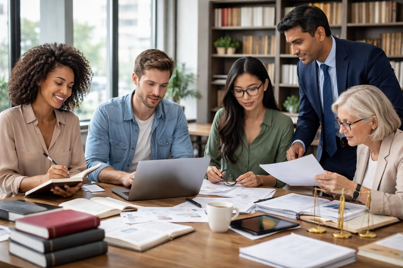Un groupe de cinq professionnels collaborant autour d'une grande table dans un bureau lumineux, avec des livres, des documents et des ordinateurs portables.