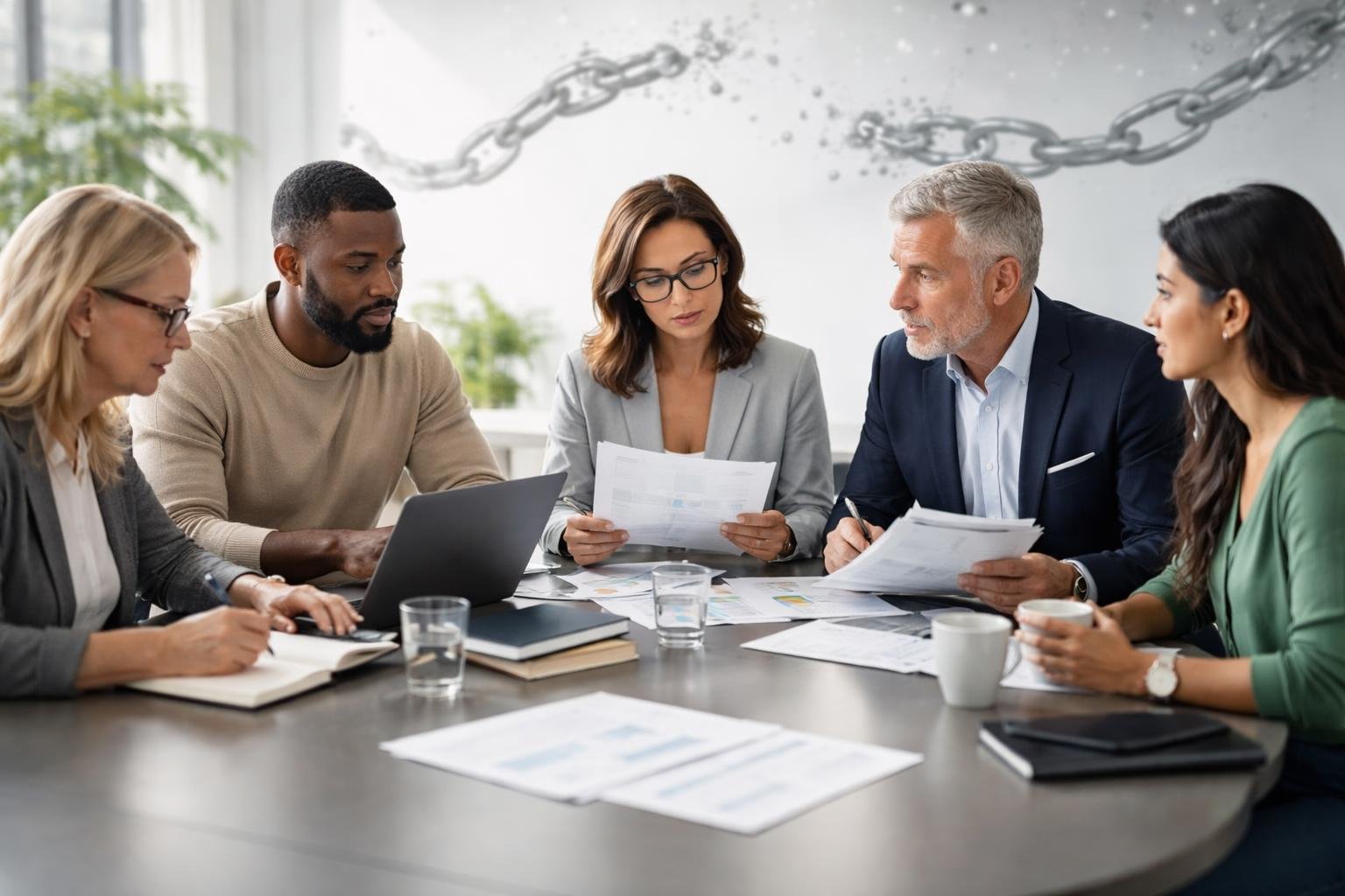 Un groupe de cinq professionnels discutant autour d'une table dans un bureau moderne, avec des documents et des ordinateurs, symbolisant une collaboration intellectuelle.