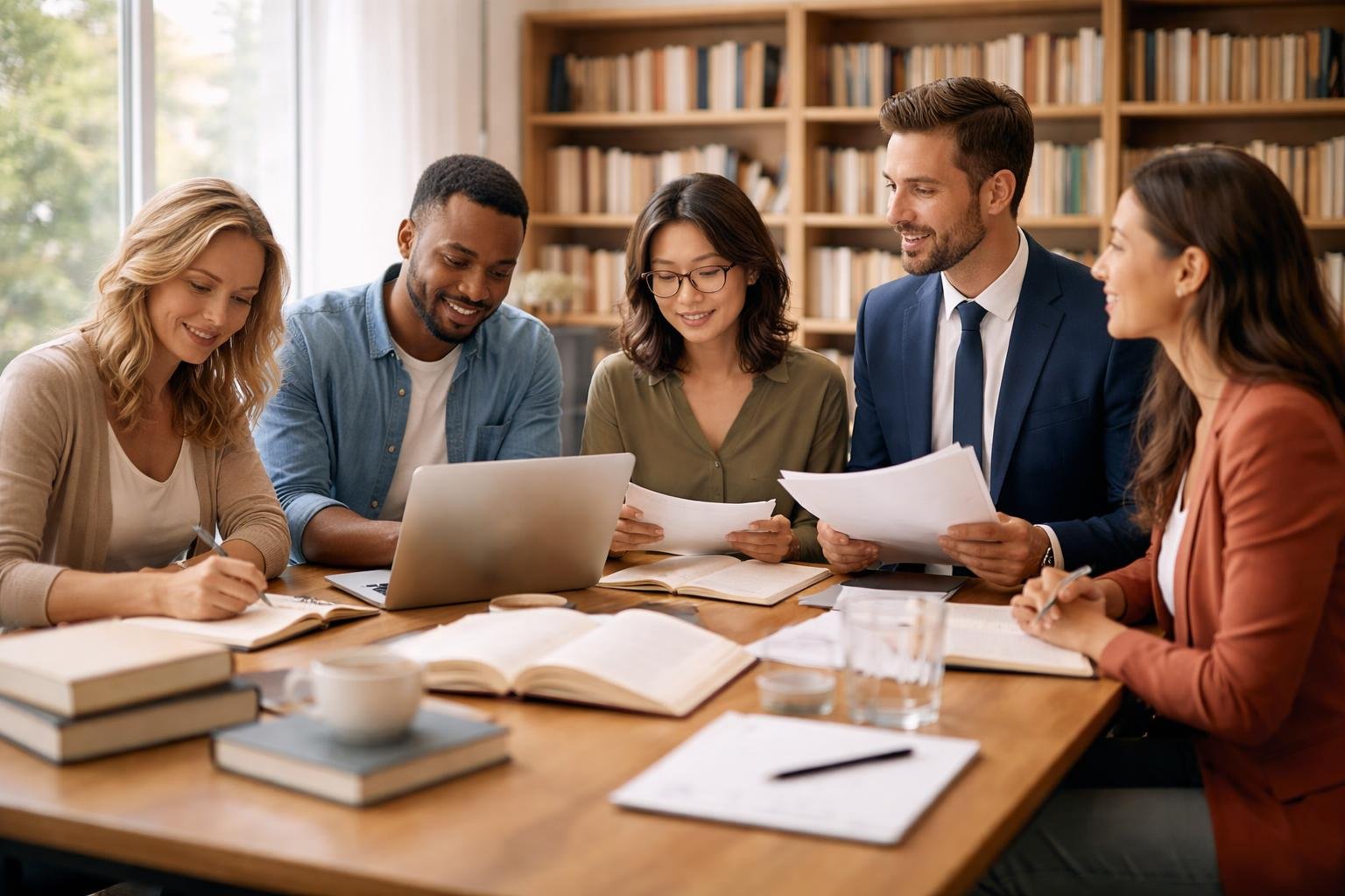 Cinq personnes de professions différentes discutent autour d'une table dans un bureau lumineux avec des étagères de livres en arrière-plan.