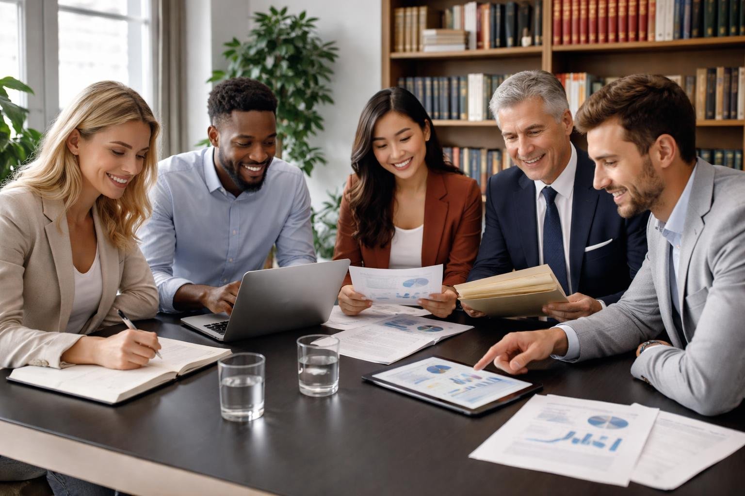Un groupe de cinq professionnels discutant autour d'une table dans un bureau lumineux, échangeant des documents et travaillant ensemble.