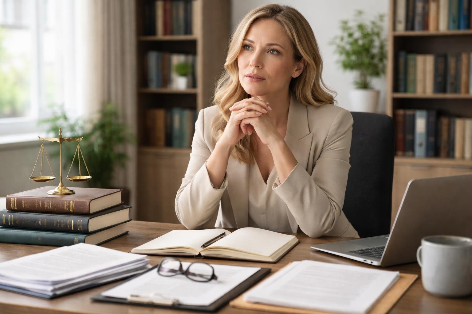 Un thérapeute pensif assis à son bureau entouré de livres et documents représentant différentes professions, dans un bureau lumineux et calme.