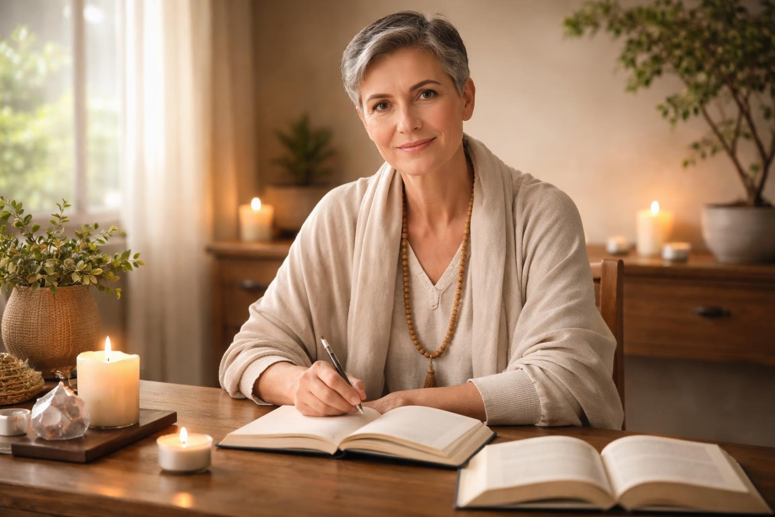 Un guide spirituel assis à un bureau, entouré d'éléments apaisants, dans une ambiance calme et chaleureuse.