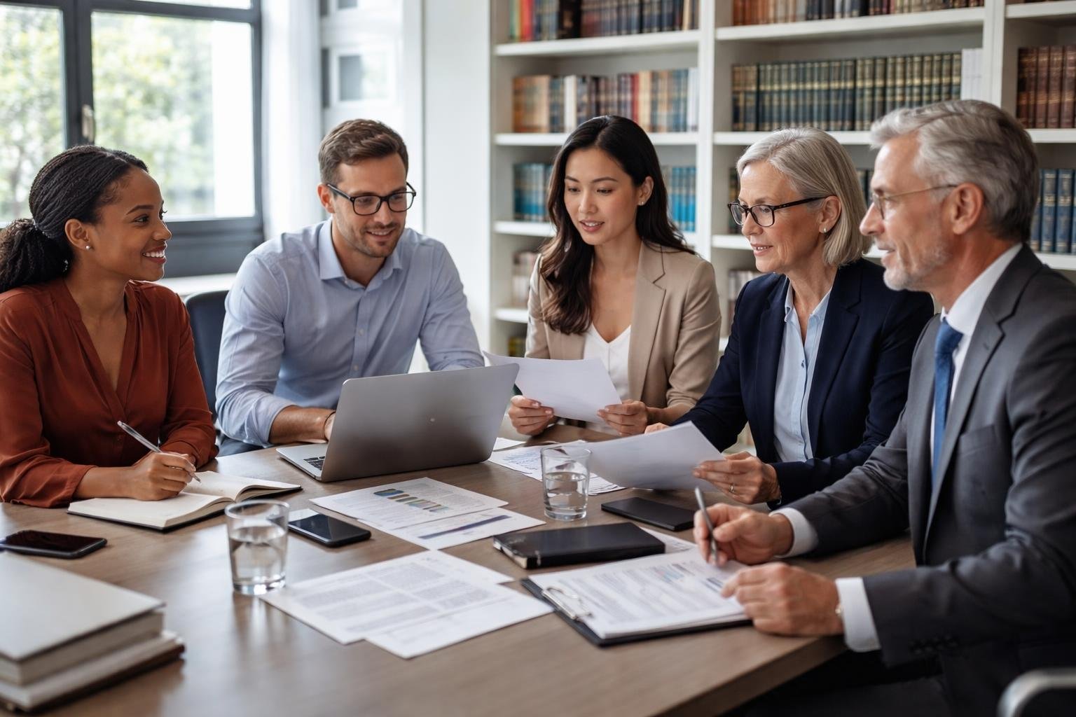 Un groupe de professionnels divers discutant ensemble autour d'une table dans un bureau moderne et lumineux.