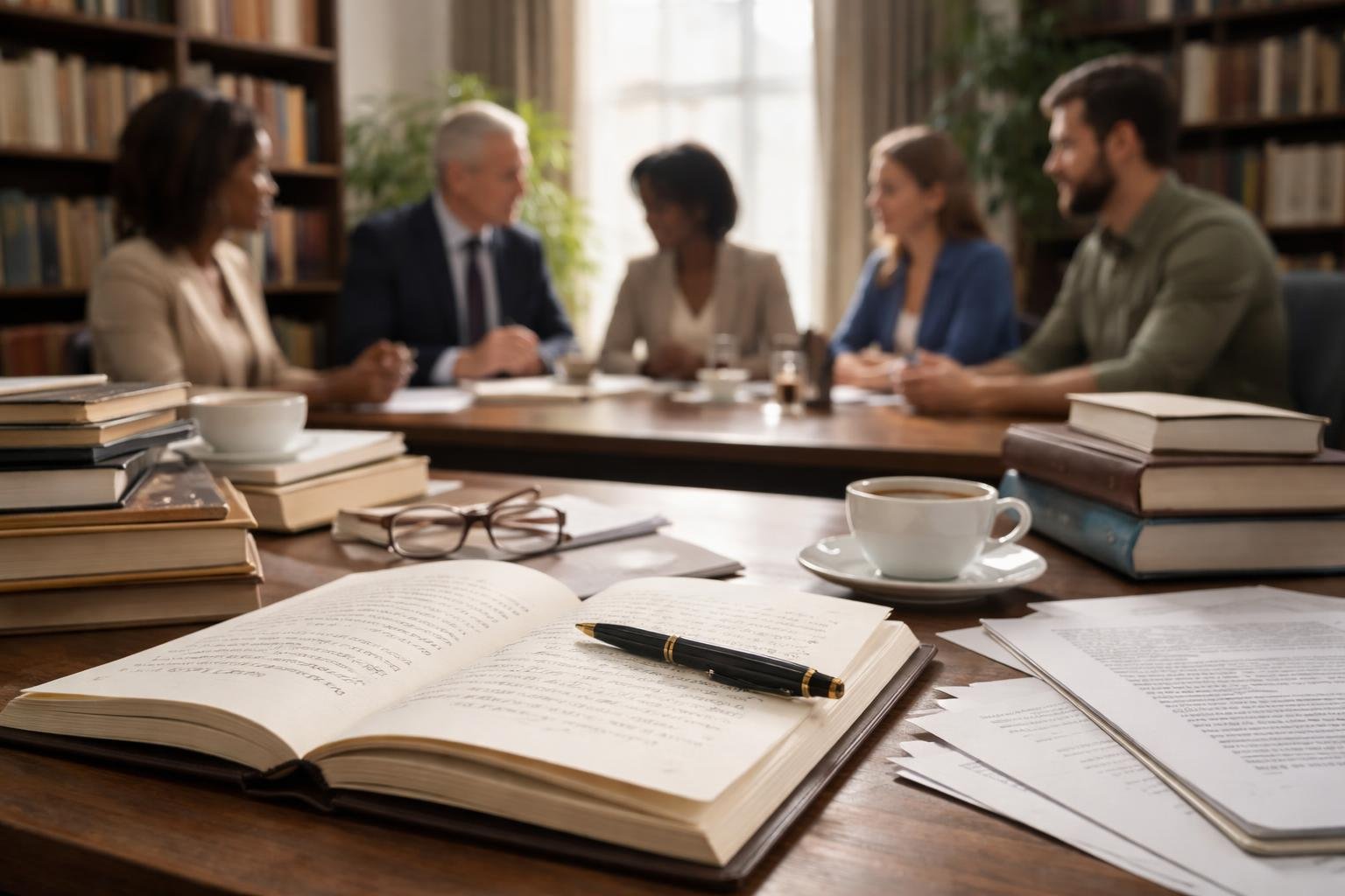 Un groupe de personnes discutant autour d'une table avec des carnets, des documents et des livres dans un espace de travail lumineux.