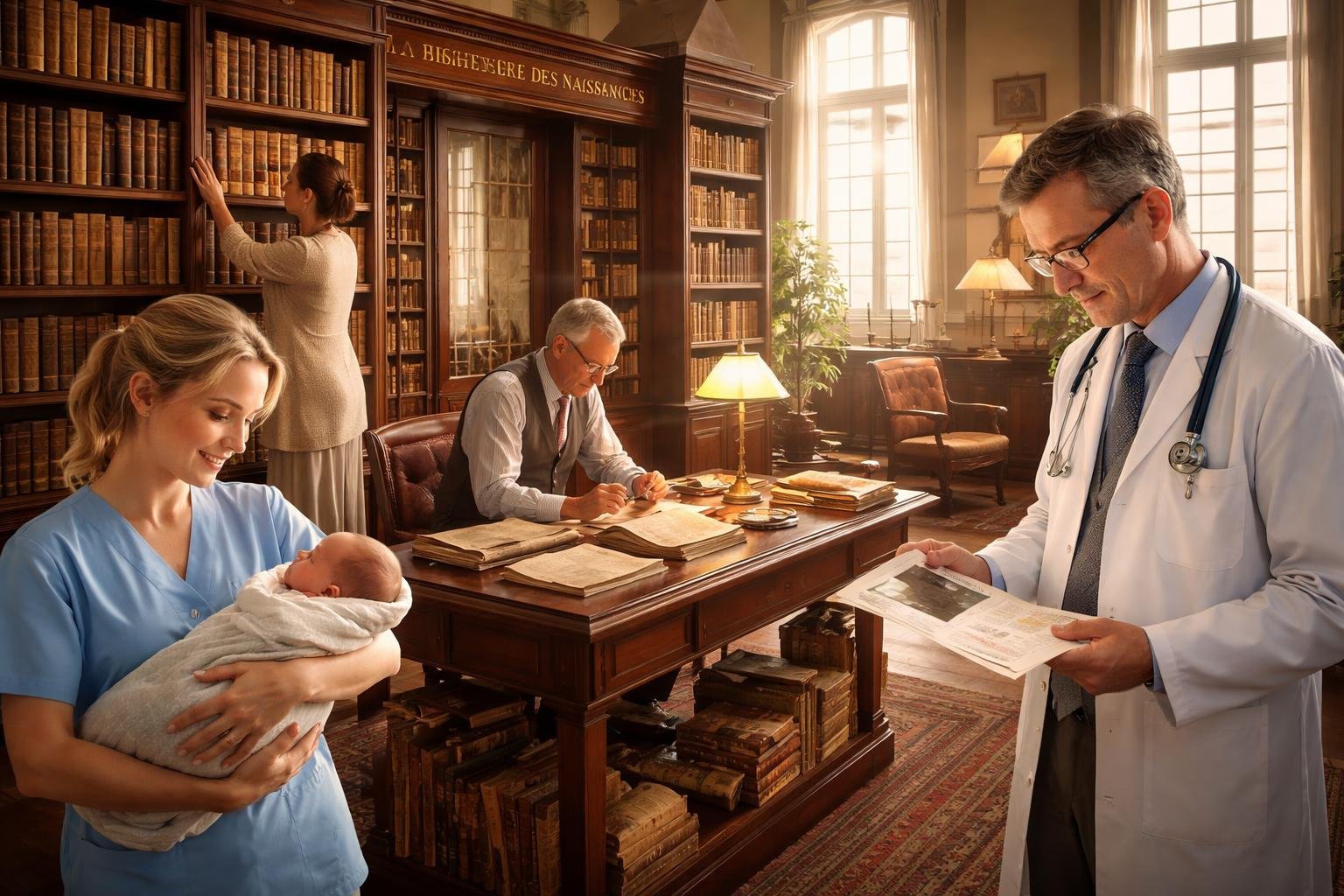 Quatre personnes dans une bibliothèque : un bibliothécaire range des livres, un archiviste examine des manuscrits, une sage-femme tient un nouveau-né et un obstétricien consulte des documents médicaux.
