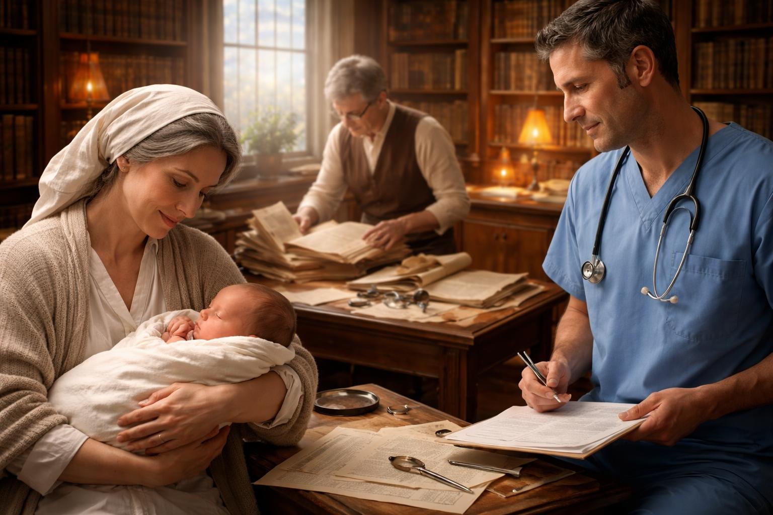 Une bibliothécaire, un archiviste, une sage-femme et un obstétricien dans une bibliothèque, entourés de livres anciens, avec un nouveau-né et des documents liés à la naissance.