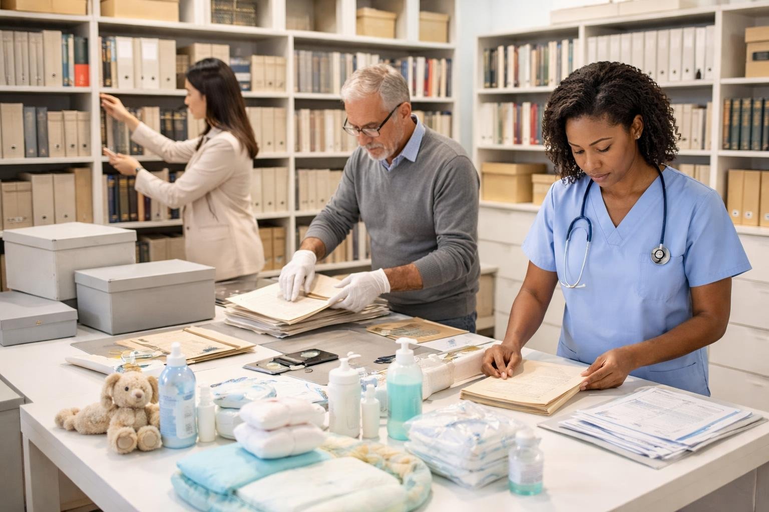 Quatre professionnels dans une bibliothèque moderne, comprenant un bibliothécaire, un archiviste, une sage-femme et un obstétricien, travaillant ensemble autour de documents et de matériel lié à la naissance.