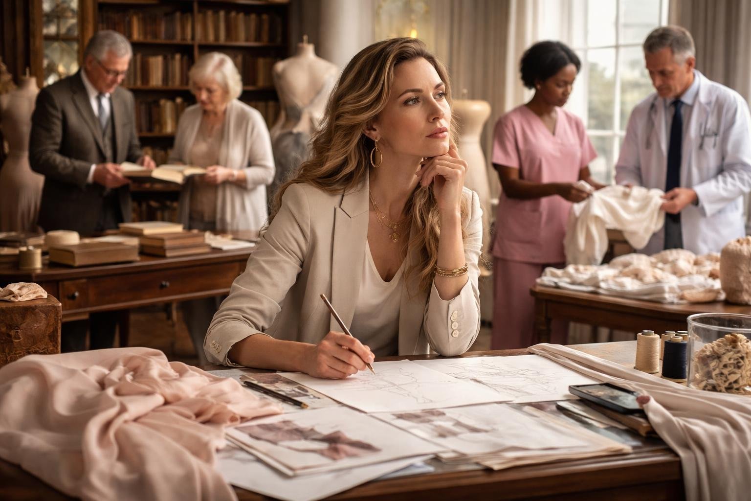 Un créateur de mode réfléchit dans un atelier entouré d'un bibliothécaire, d'un archiviste, d'une sage-femme et d'un obstétricien, tous impliqués dans des activités liées à la naissance et à la beauté.