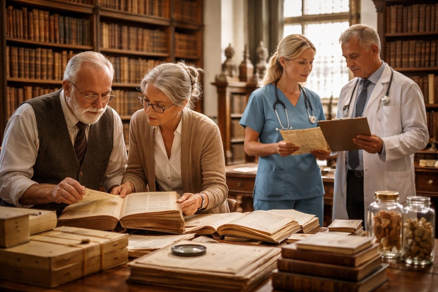 Un bibliothécaire et un archiviste examinent des documents anciens dans une bibliothèque, tandis qu'une sage-femme et un obstétricien consultent des dossiers médicaux à proximité.