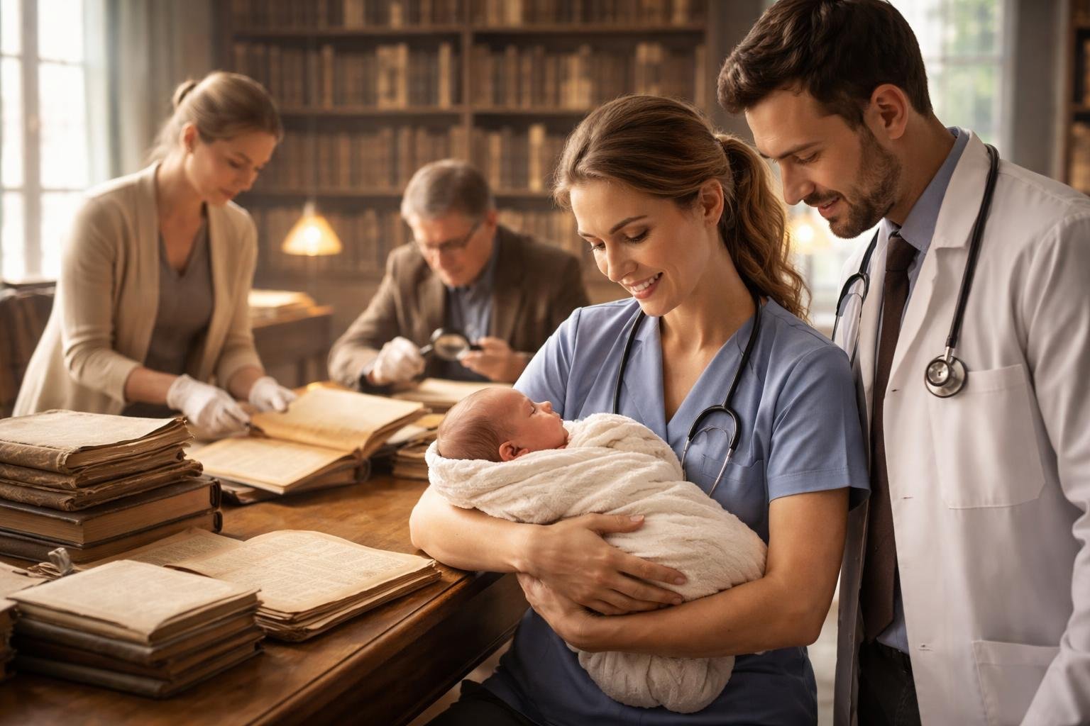 Une bibliothécaire, un archiviste, une sage-femme et un obstétricien dans une bibliothèque, entourés de livres anciens, prenant soin d'un nouveau-né.