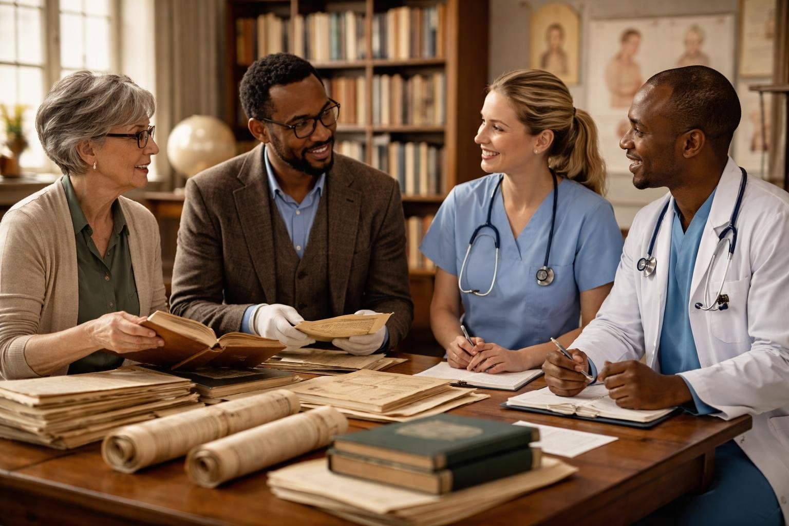 Quatre professionnels, un bibliothécaire, un archiviste, une sage-femme et un obstétricien, discutent ensemble autour d'une table dans une pièce avec des étagères de livres et des documents médicaux.