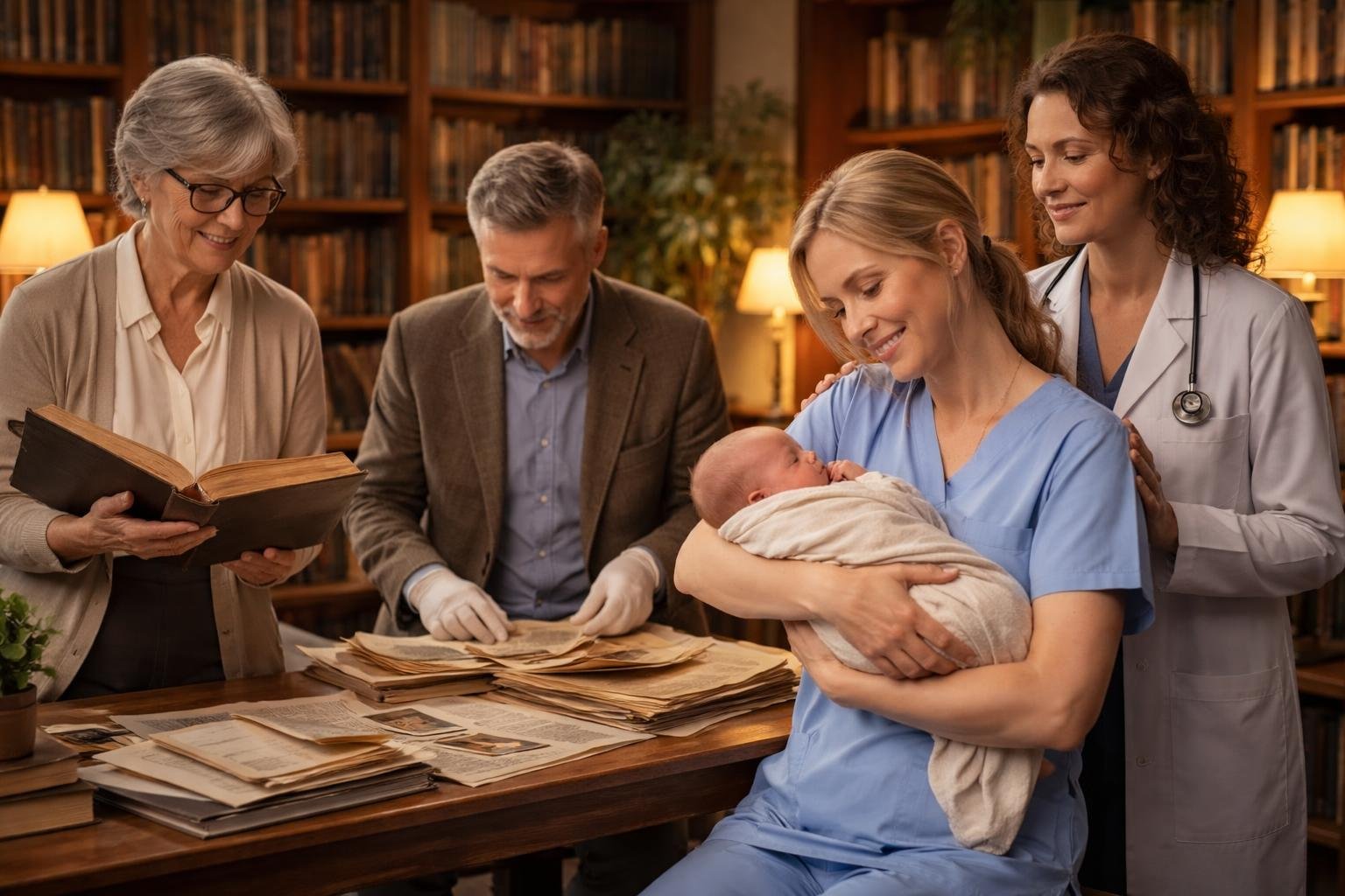 Quatre personnes dans une bibliothèque : un bibliothécaire avec un livre ancien, un archiviste triant des documents, une sage-femme tenant un nouveau-né, et un obstétricien observant avec attention.