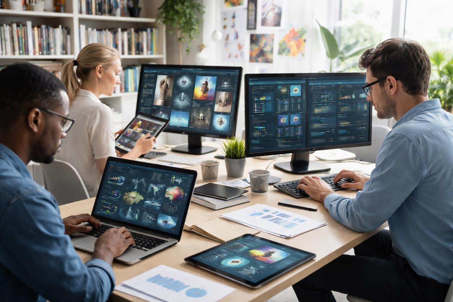 Trois professionnels travaillent ensemble dans un bureau moderne avec des ordinateurs et des images numériques d’œuvres d'art.