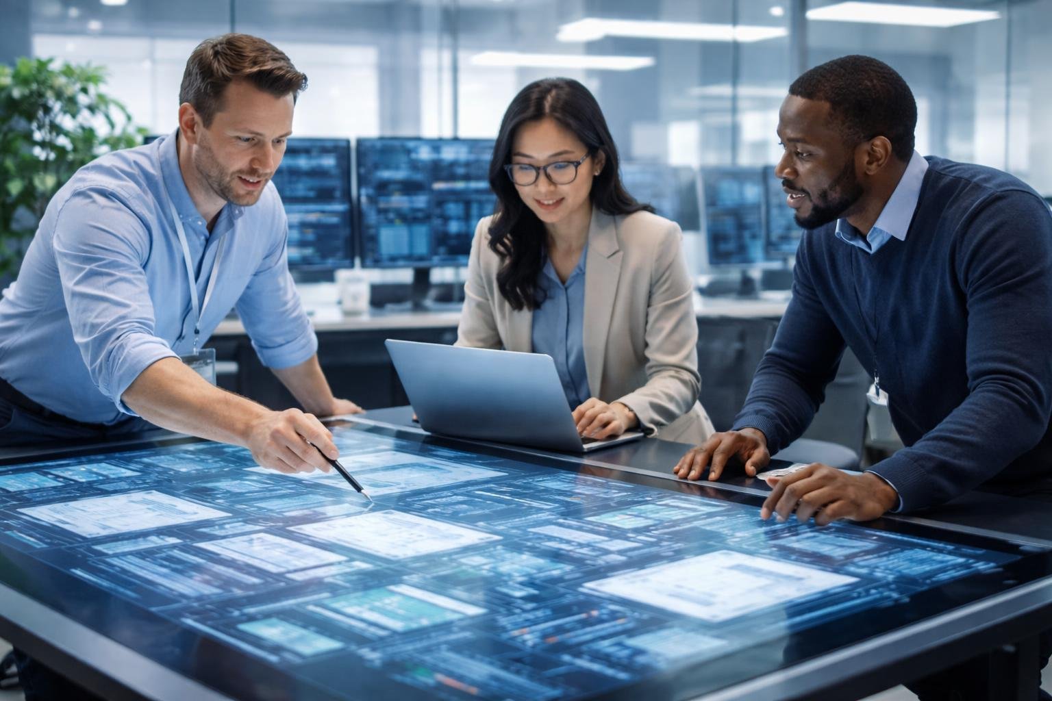 Trois experts en gestion numérique collaborant autour d'une table tactile affichant des schémas de bases de données dans un bureau moderne.