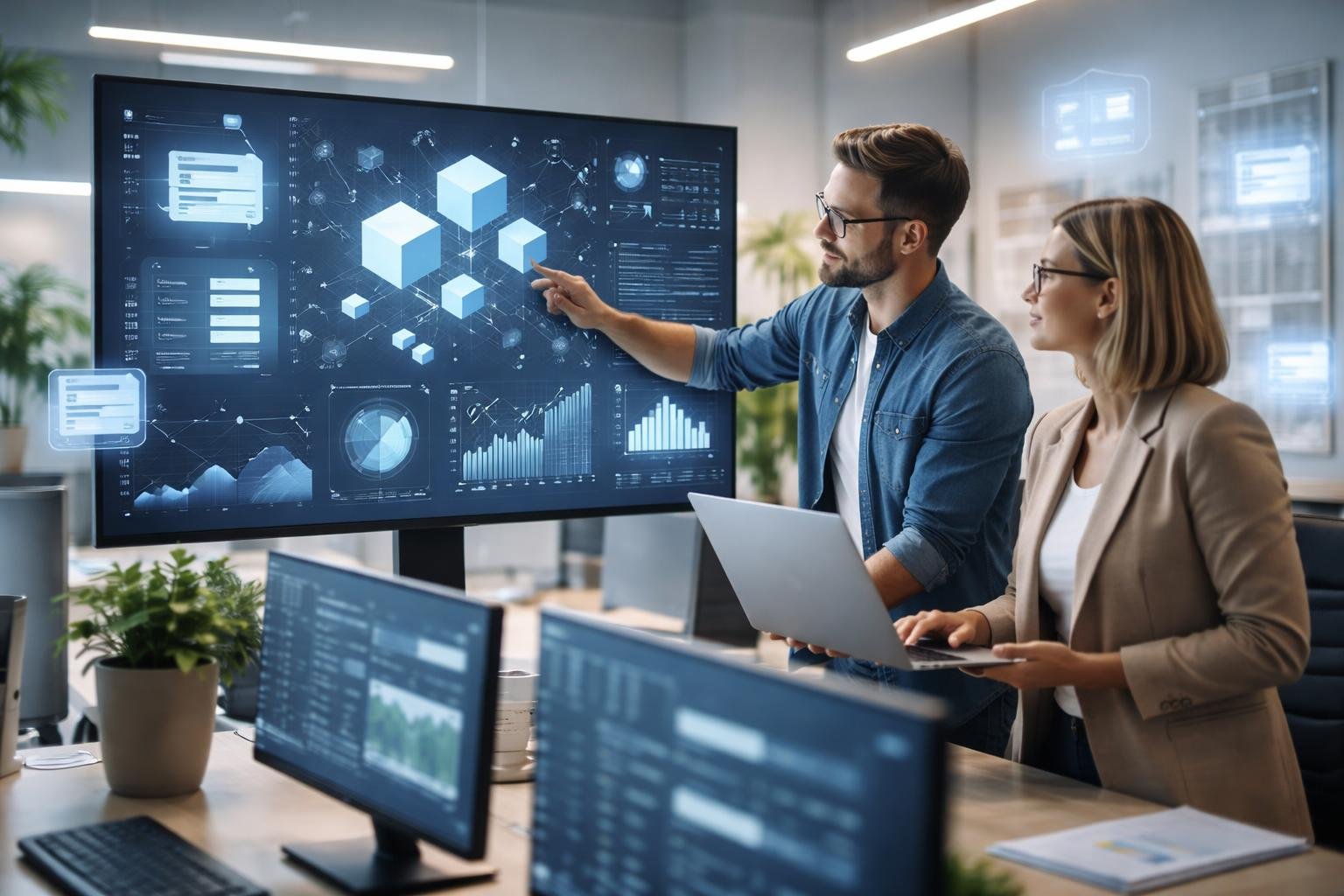 Deux professionnels collaborent dans un bureau moderne avec un grand écran affichant des formes géométriques et des visualisations de données.