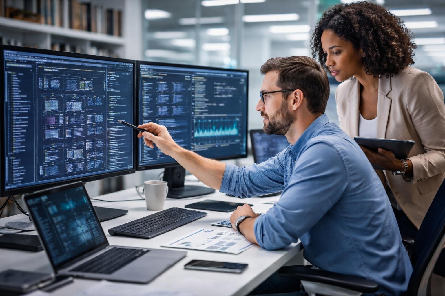 Deux professionnels travaillant ensemble devant des écrans d'ordinateur affichant des données dans un bureau moderne.