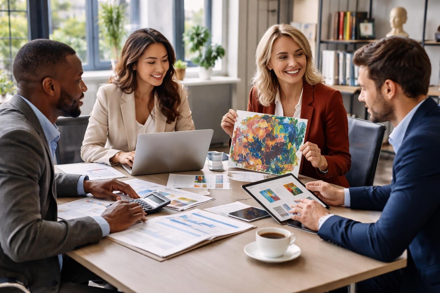 Quatre professionnels en réunion autour d'une table de conférence, discutant de documents financiers et d'œuvres d'art dans un bureau moderne.