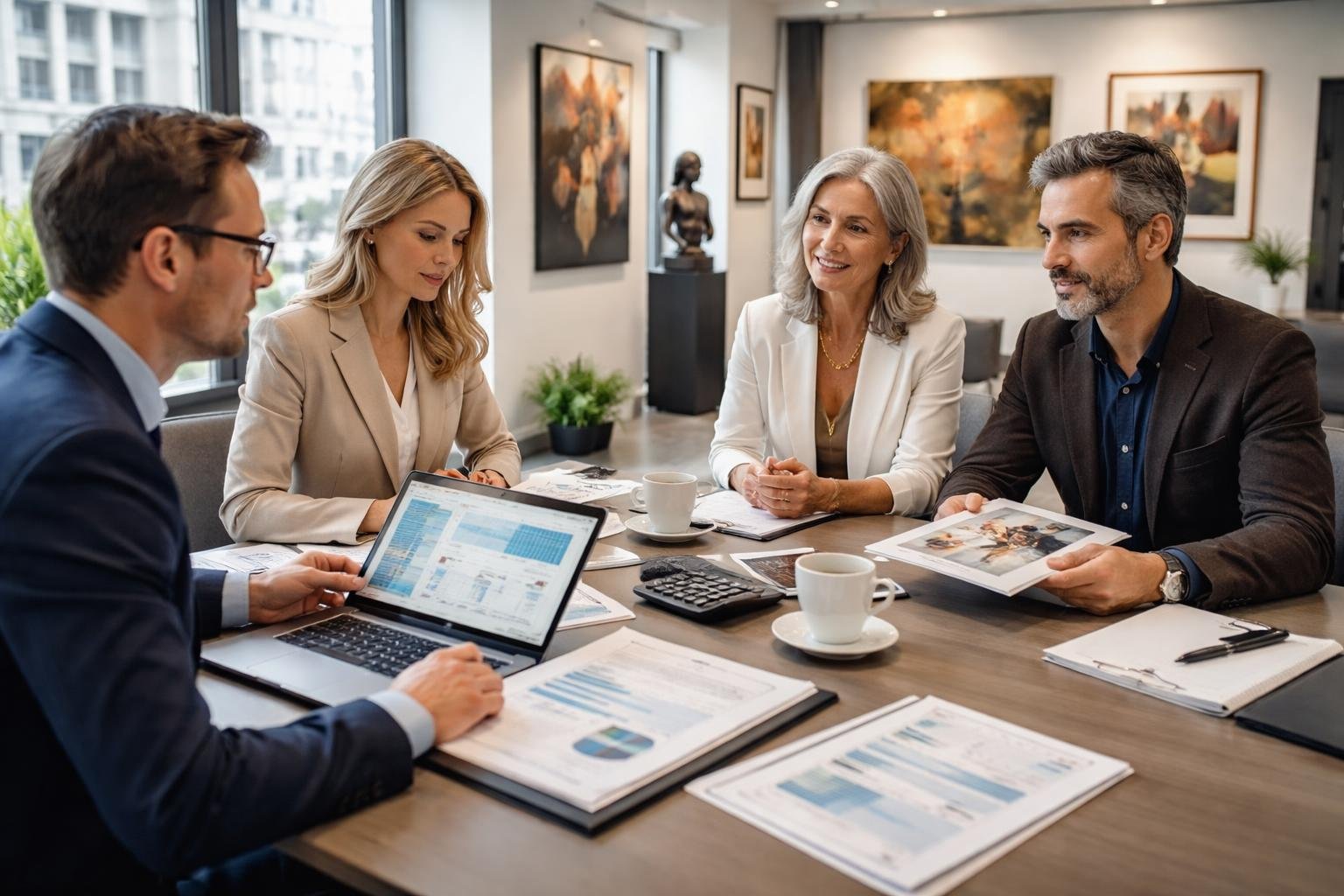 Quatre personnes discutent autour d'une table dans un bureau moderne, avec des œuvres d'art en arrière-plan.