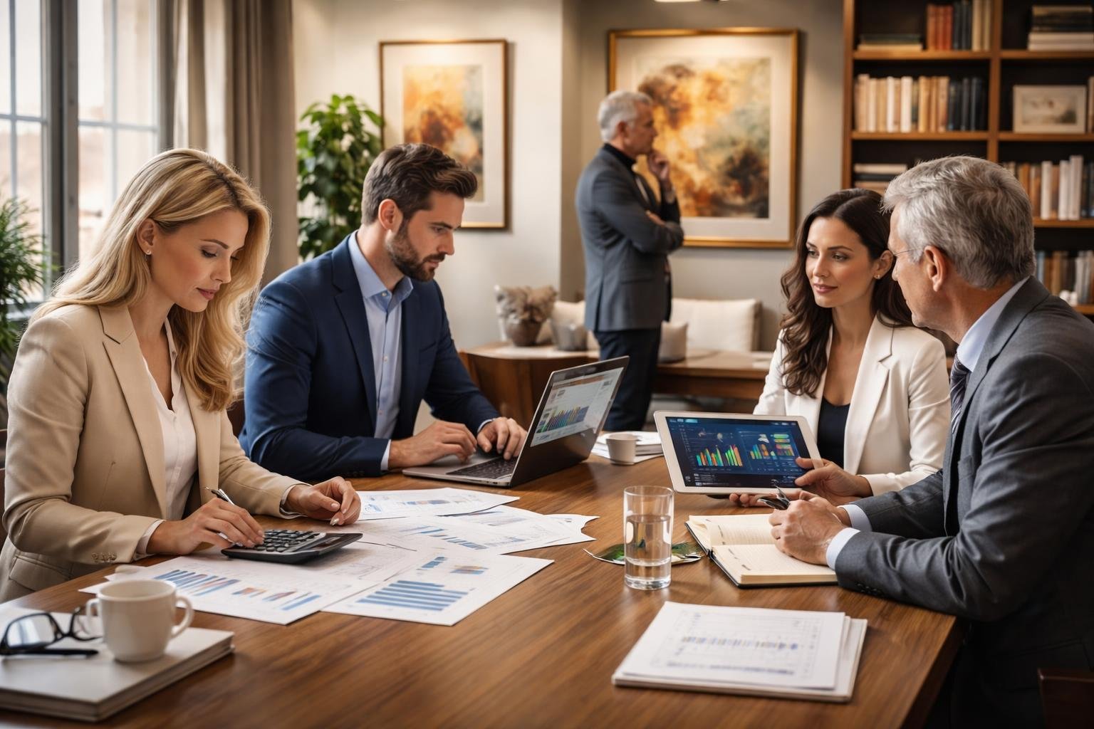 Quatre professionnels discutant autour d'une table dans un bureau avec des documents financiers et des œuvres d'art accrochées aux murs.