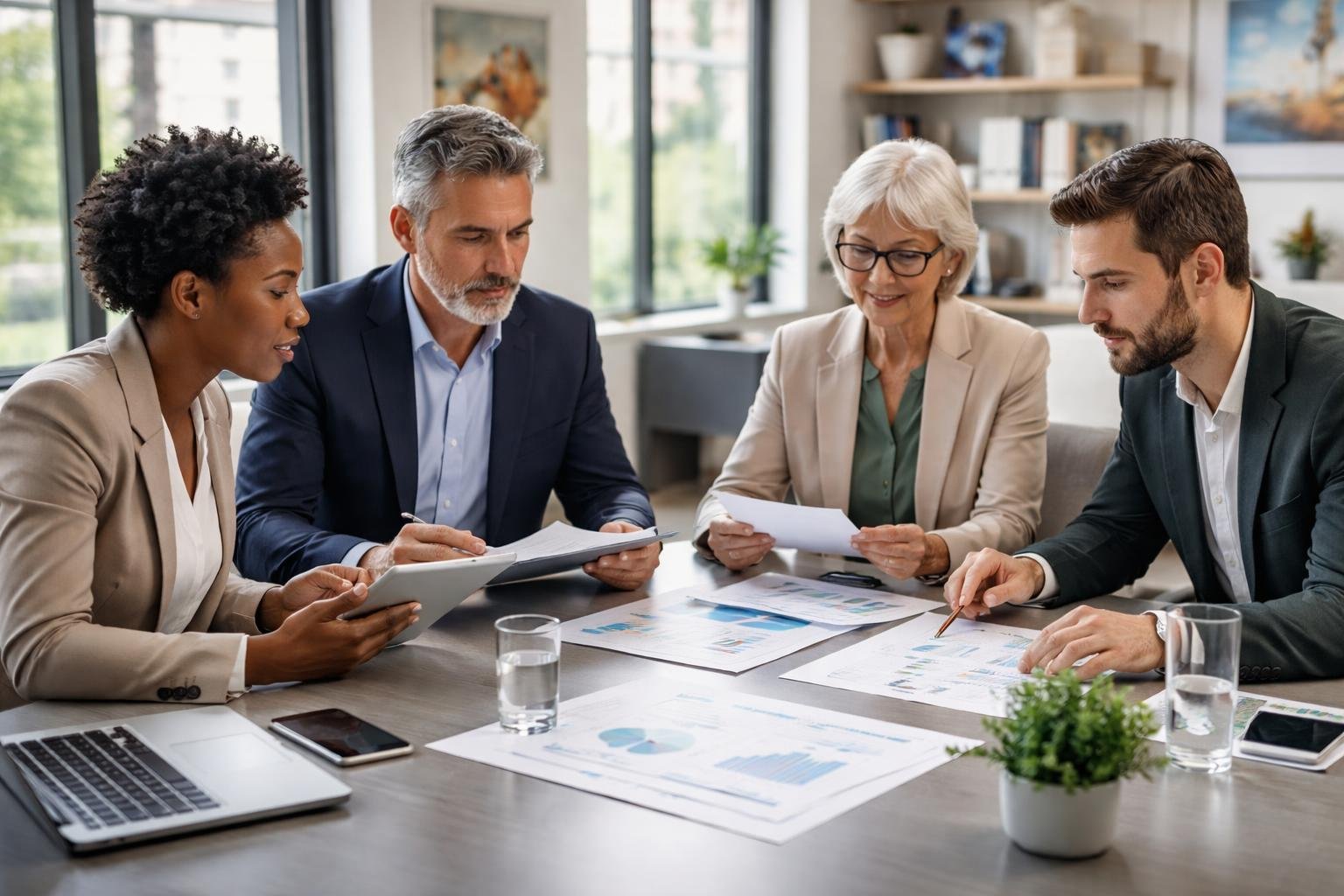 Quatre professionnels en réunion autour d'une table de conférence, discutant de documents financiers dans un bureau lumineux et moderne.