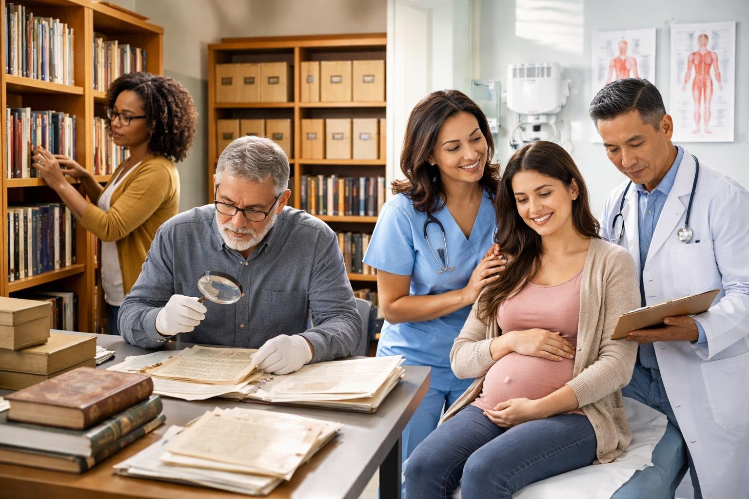 Quatre professionnels travaillant ensemble : un bibliothécaire range des livres, un archiviste examine des documents, une sage-femme réconforte une femme enceinte, et un obstétricien consulte des dossiers médicaux.