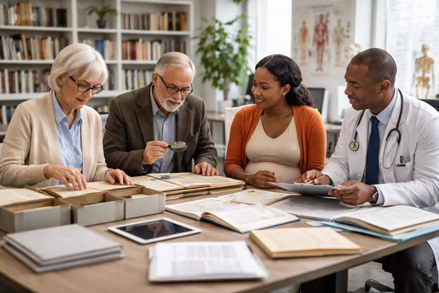 Quatre professionnels de différents domaines collaborent autour d'une table avec des documents et des équipements médicaux dans un bureau lumineux.