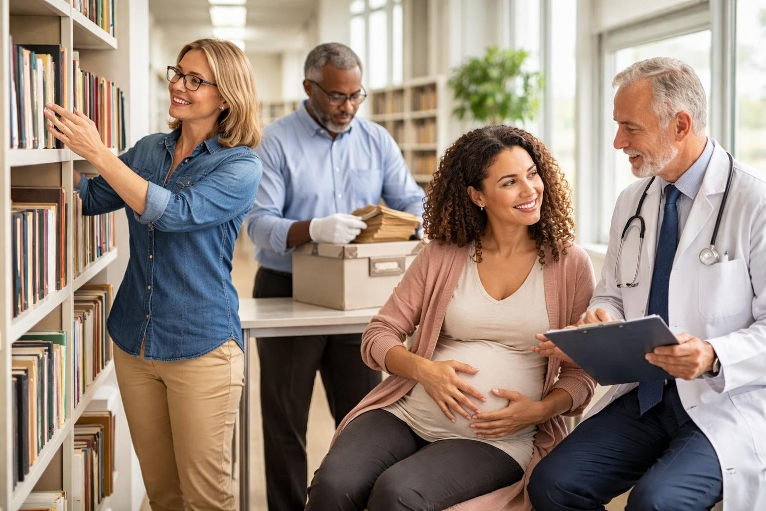 Quatre professionnels travaillant ensemble : un bibliothécaire range des livres, un archiviste manipule des documents, une sage-femme soutient une femme enceinte, et un obstétricien examine des dossiers médicaux.