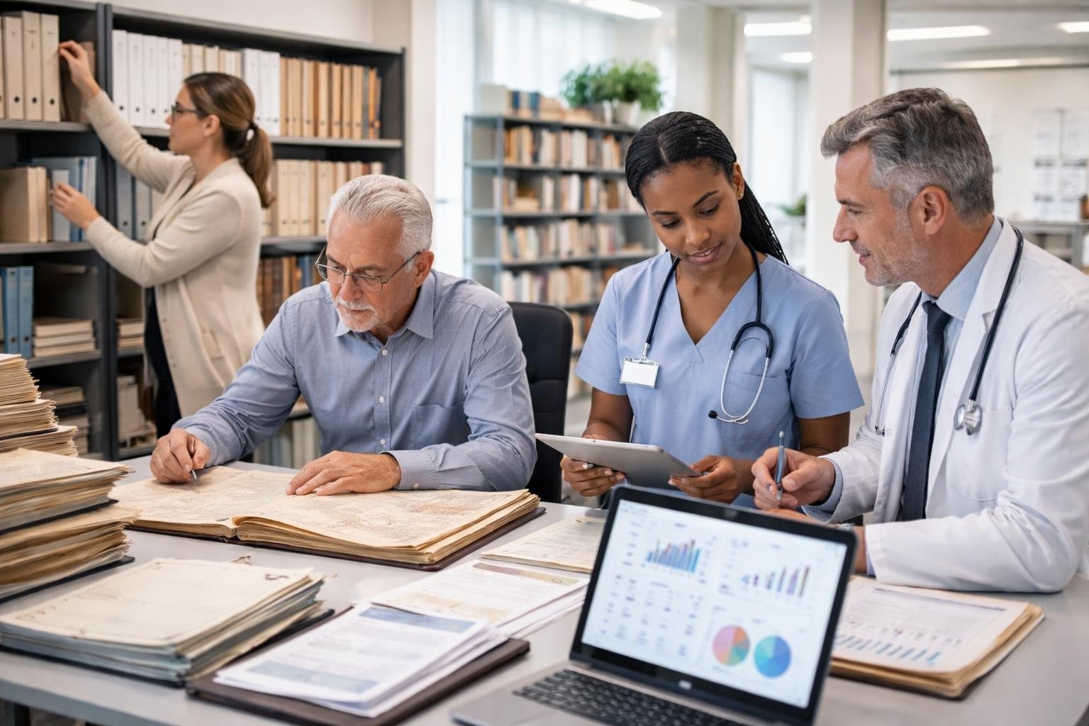 Quatre professionnels, un bibliothécaire, un archiviste, une sage-femme et un obstétricien, travaillent ensemble dans un bureau moderne en examinant des documents et des données.