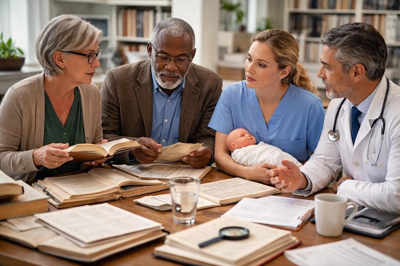 Quatre professionnels – un bibliothécaire, un archiviste, une sage-femme, un obstétricien – discutent sérieusement autour d'une table avec des documents et des livres dans un bureau lumineux.