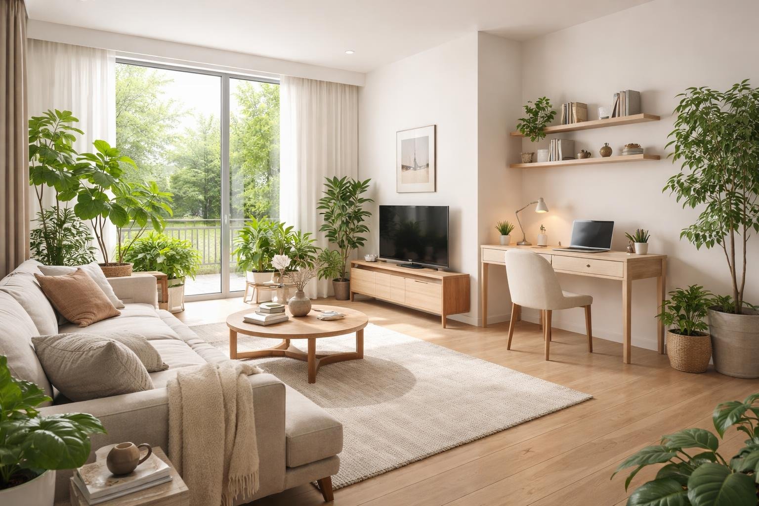 A bright open living area with a sofa, home office desk, and indoor plants illuminated by large windows.