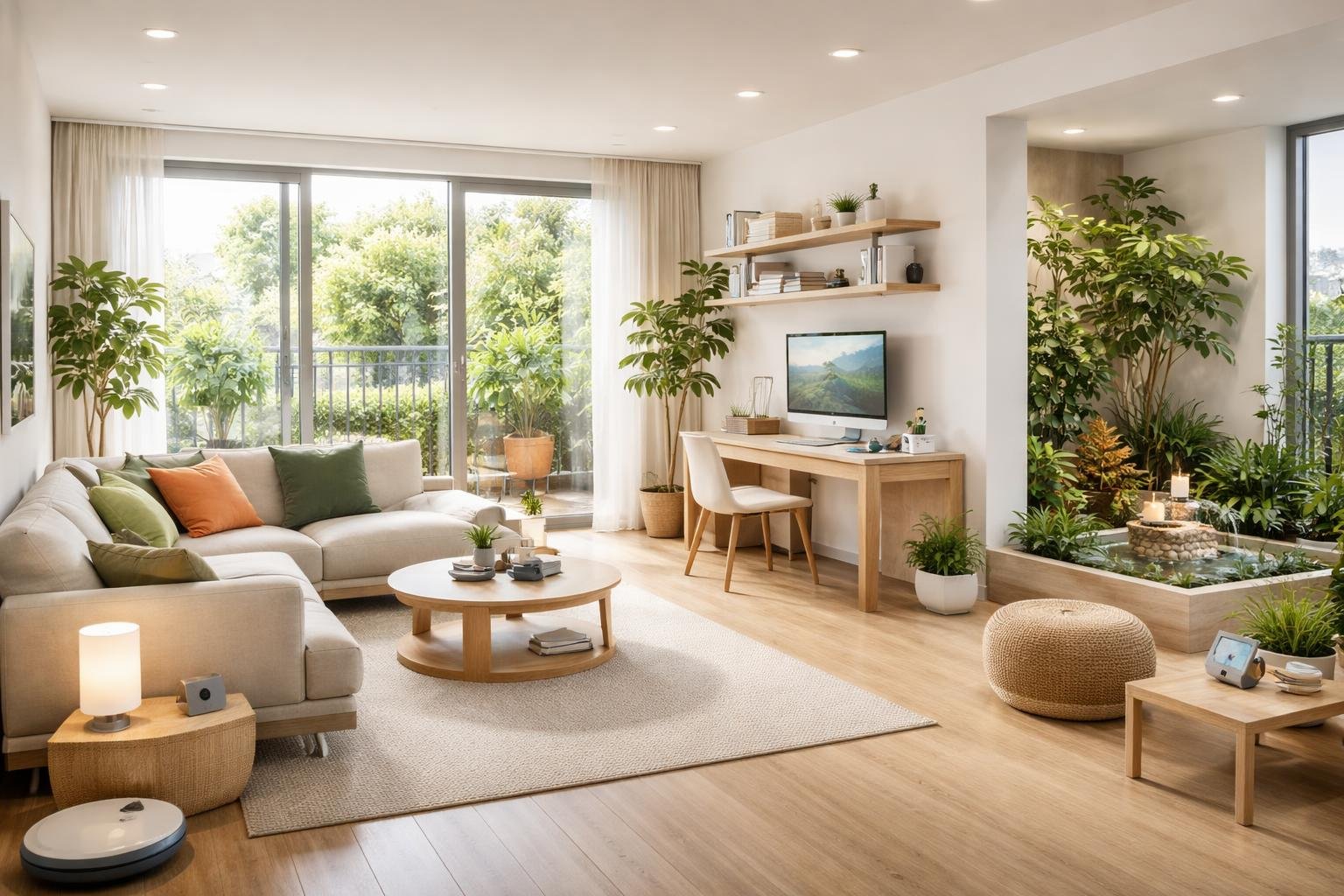 A modern open-concept room combining a living area, workspace, and indoor garden with large windows letting in natural light.