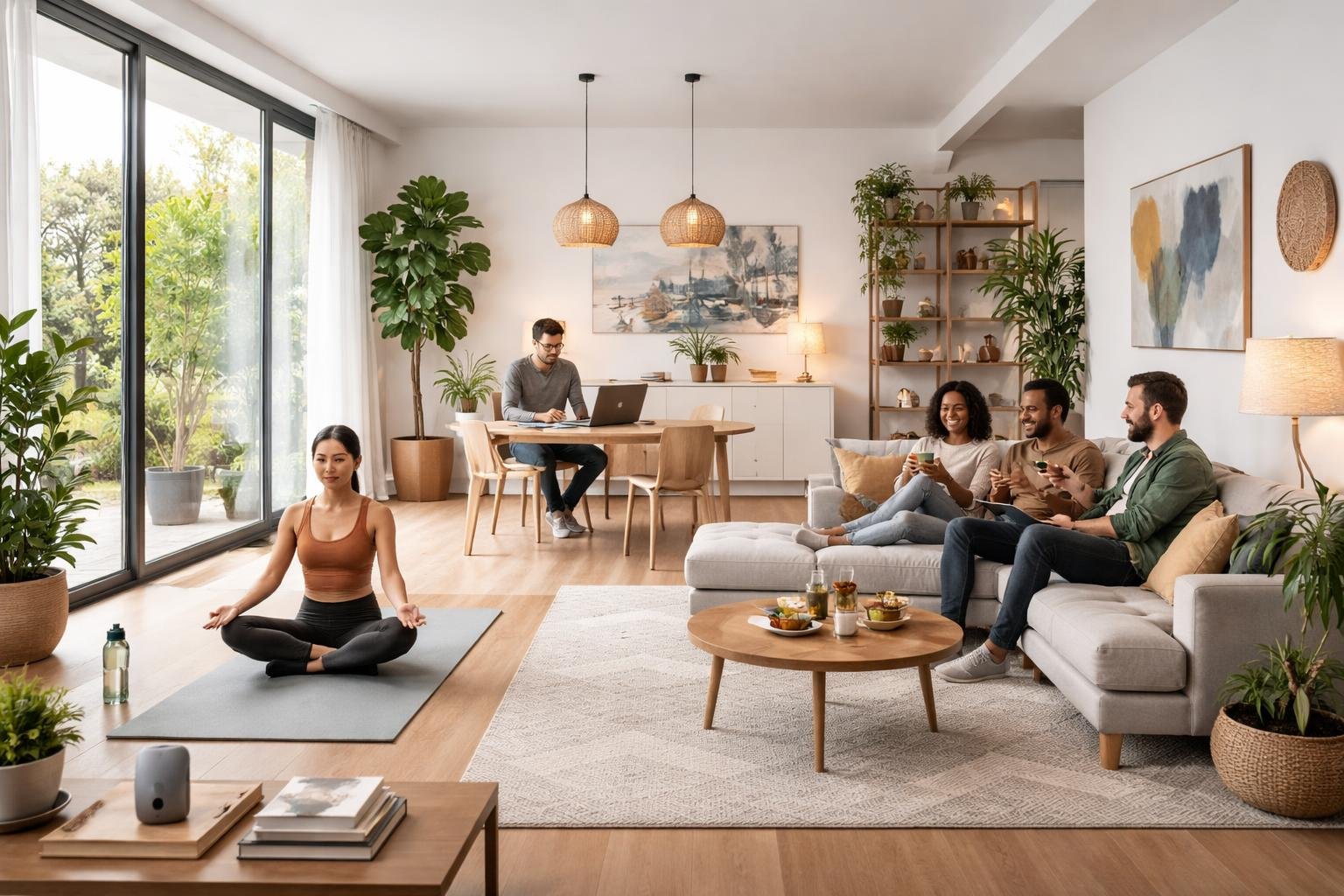 A bright modern living room with people practicing yoga, working on a laptop, and socializing, surrounded by plants and contemporary furniture.