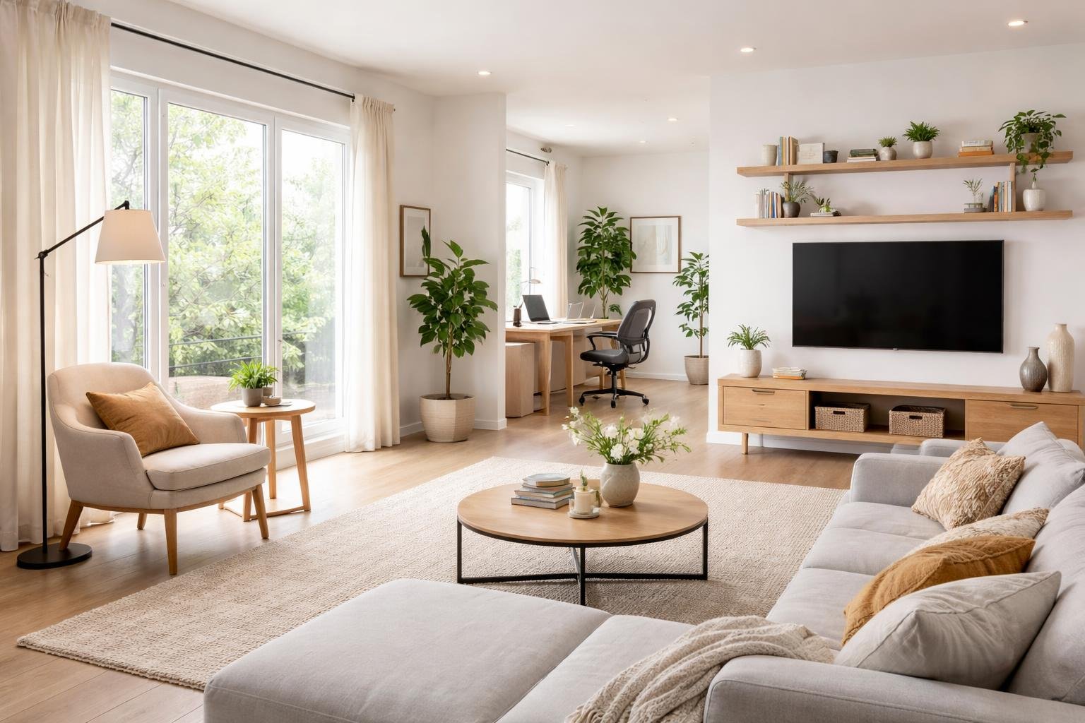 An open, bright living space combining a comfortable seating area and a modern workspace with natural light and plants.