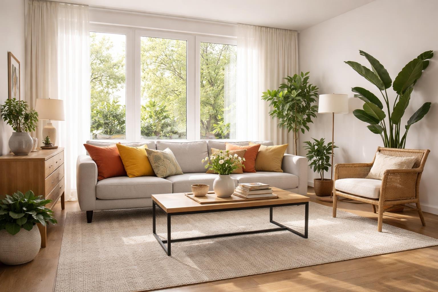 A modern living room with a sofa, coffee table, large windows, and indoor plants, brightly lit by natural light.