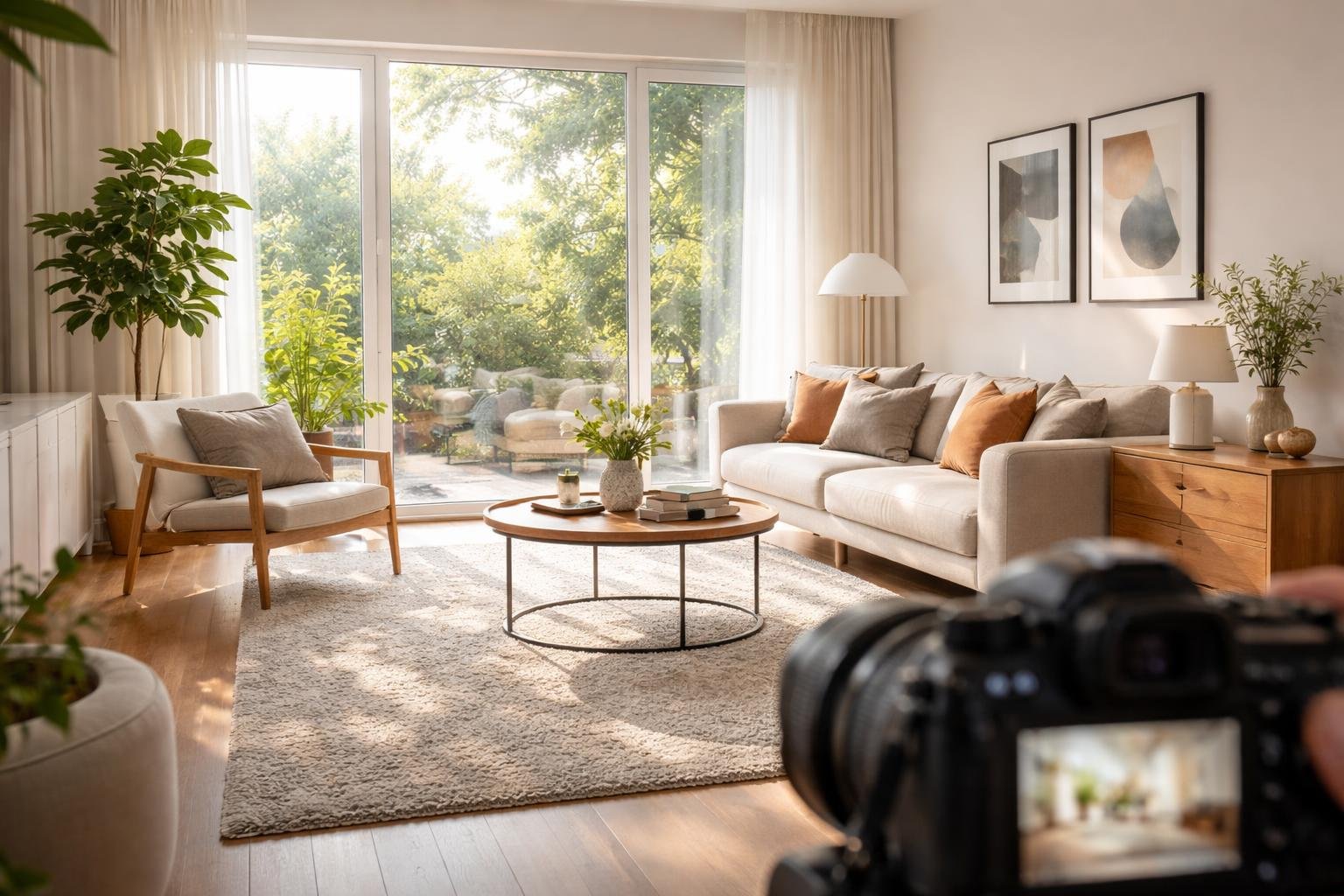 A bright living room with modern furniture, large windows, and natural light highlighting the space.