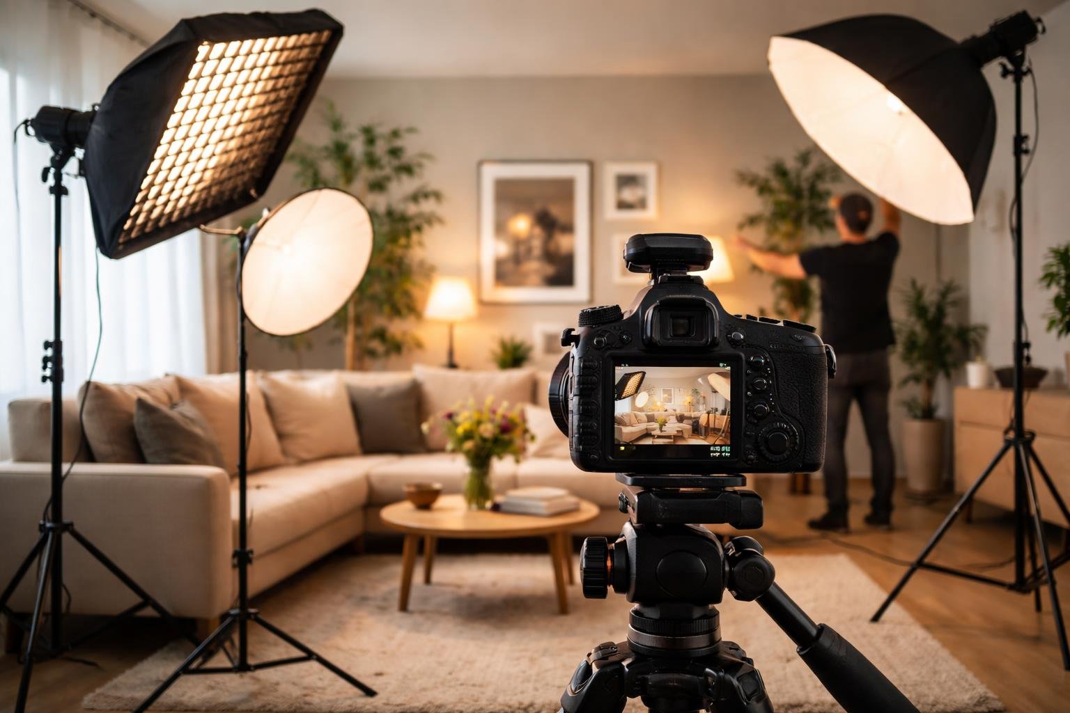 A photographer adjusting lighting equipment in a studio with a camera focused on a stylishly arranged interior space featuring furniture and lighting tools.