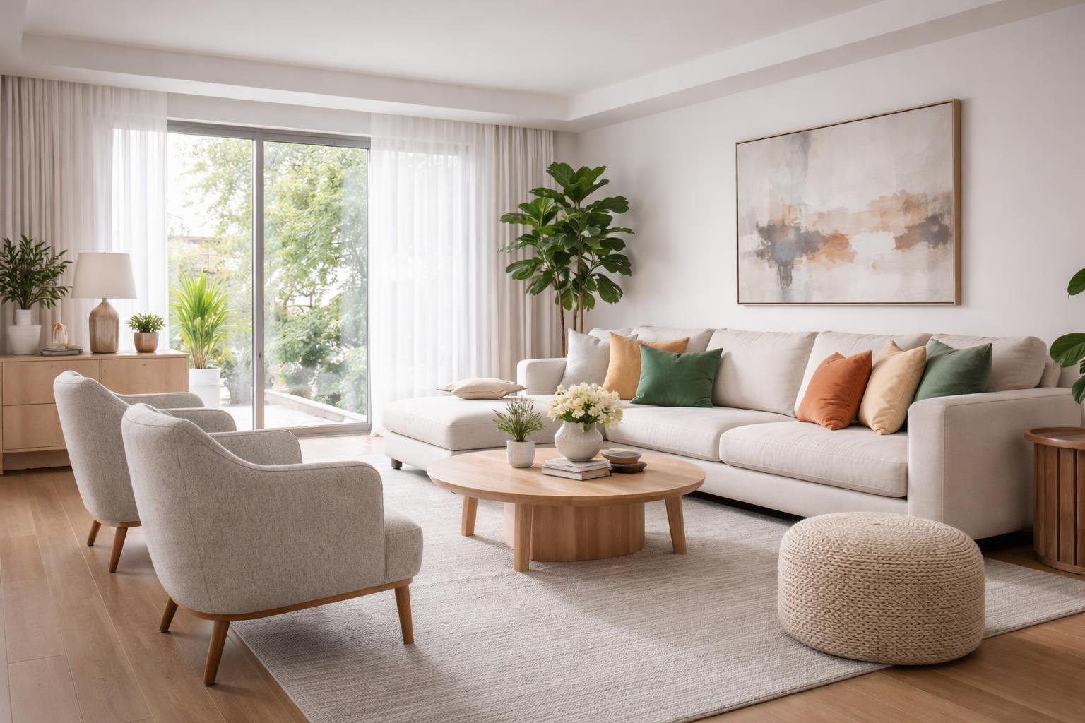 A modern living room with large windows, comfortable furniture, and plants, brightly lit by natural and artificial light.