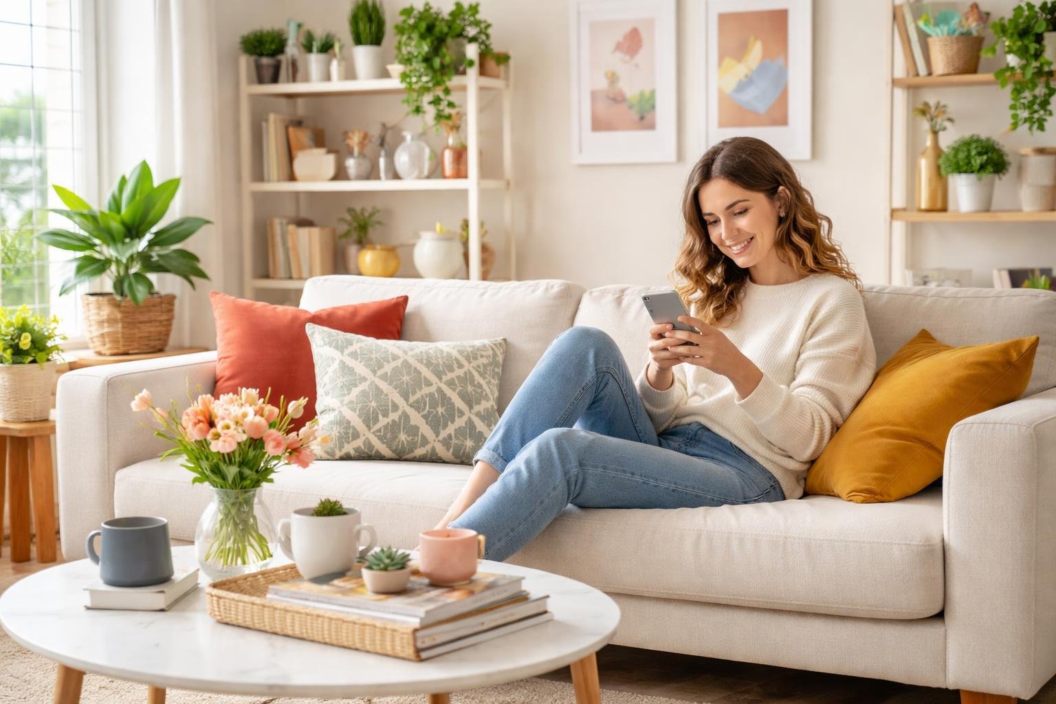A young person sitting on a sofa in a bright, stylish living room holding a smartphone and smiling.