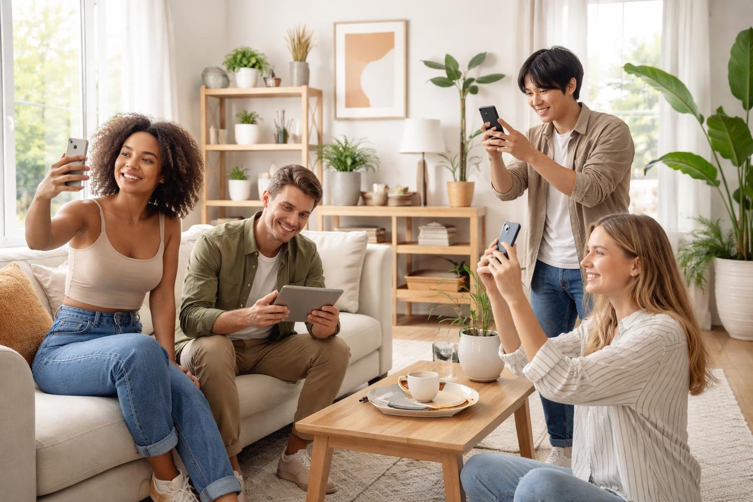 A modern living room with young adults using smartphones and tablets, surrounded by stylish furniture and decor.