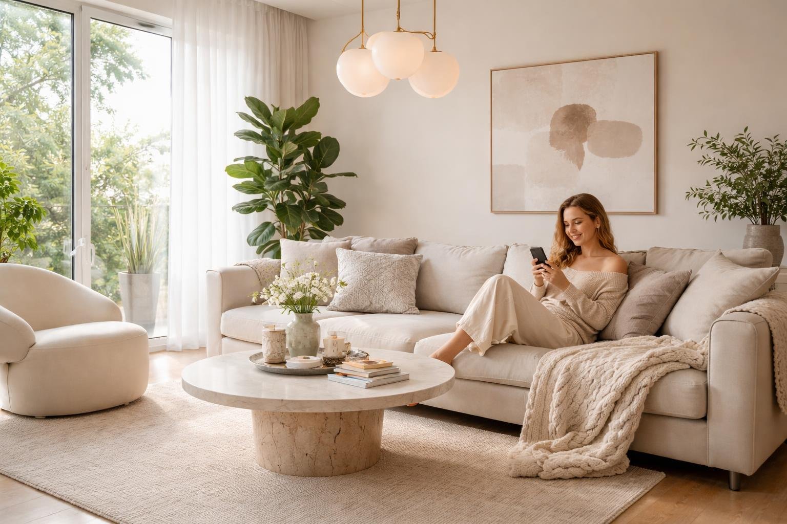 A person sitting on a modern sofa in a bright living room with plants and stylish furniture, using a smartphone.