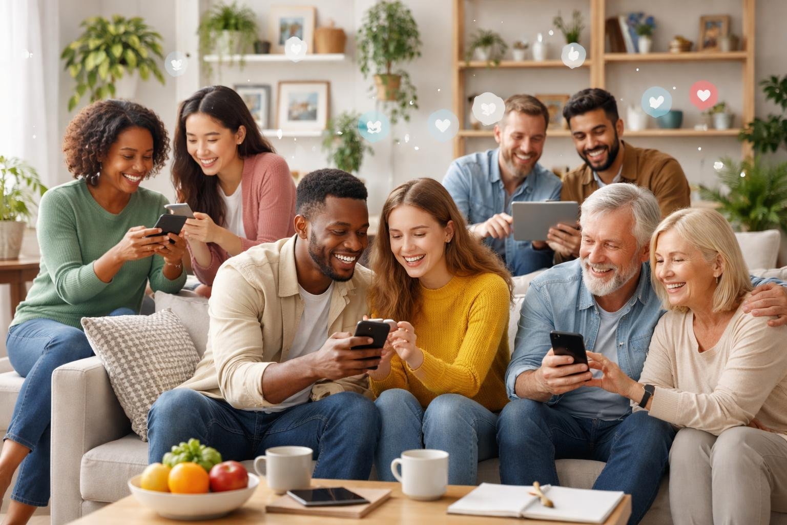 A diverse group of people in a bright living room smiling and interacting with smartphones and tablets, showing connection and community in a cozy home.